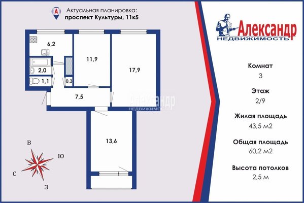 Продам трехкомнатную (3-комн.) квартиру, Культуры пр-кт, д. 11 корп. 5, Санкт-Петербург г