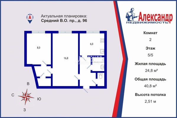 Продам двухкомнатную (2-комн.) квартиру, Средний В.О. пр-кт, д. 96, Санкт-Петербург г