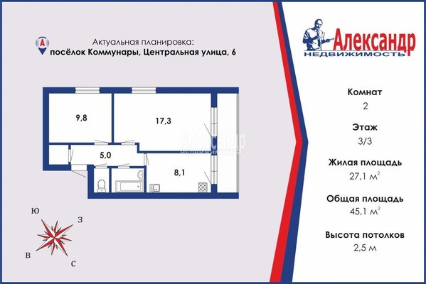 Продам двухкомнатную (2-комн.) квартиру, Центральная ул, д. 6, Коммунары п