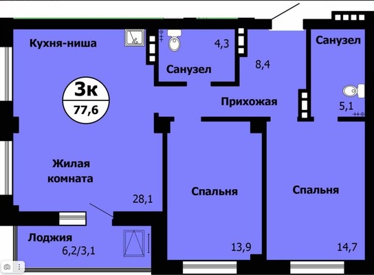 Продам трехкомнатную (3-комн.) квартиру (долевое), Славы ул, Красноярск г