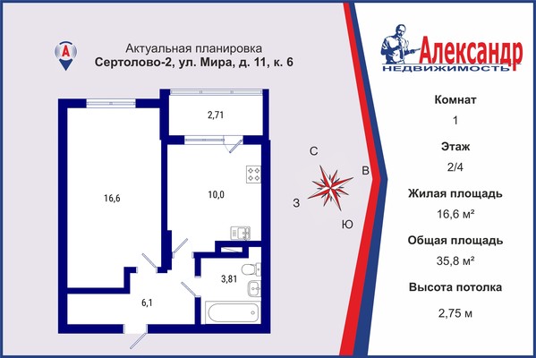 Продам однокомнатную (1-комн.) квартиру, Мира (Сертолово-2 мкр.) ул, 11к6, Сертолово г