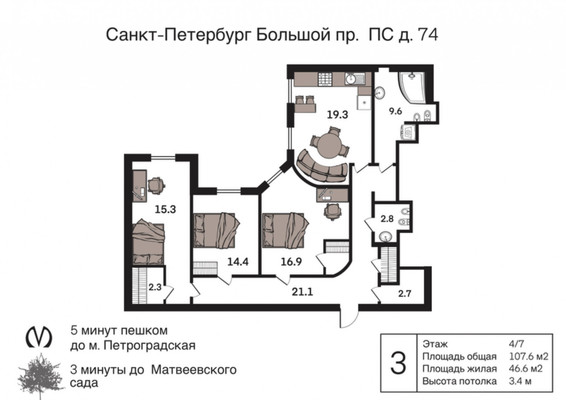 Продам трехкомнатную (3-комн.) квартиру, Большой П.С. пр-кт, 74, Санкт-Петербург г