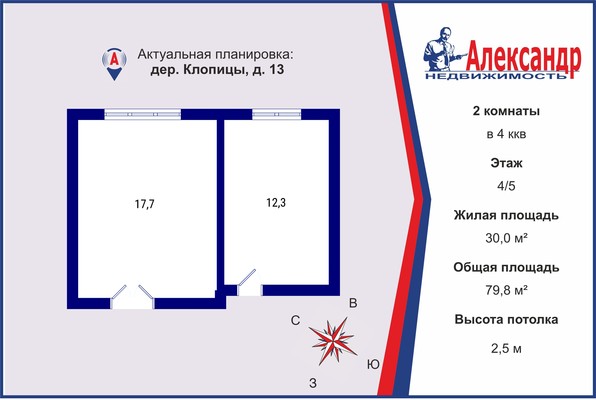Продам 2-комн. в 4-комн. квартире, 13, Клопицы д