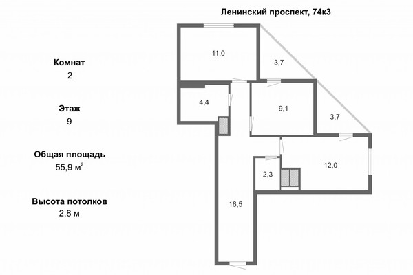 Продам двухкомнатную (2-комн.) квартиру, Ленинский пр-кт, 74к3, Санкт-Петербург г