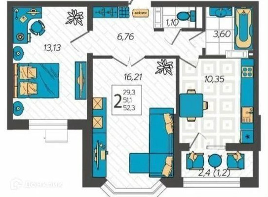 Продам двухкомнатную (2-комн.) квартиру, Крылова ул, 13к1, Анапа г