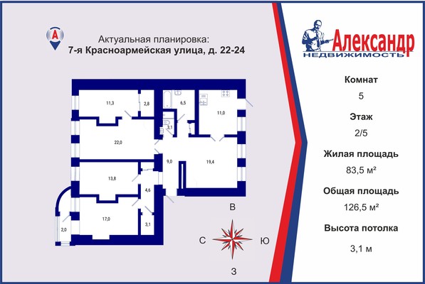 Продам многокомнатную квартиру, 7-я Красноармейская ул, 22-24, Санкт-Петербург г