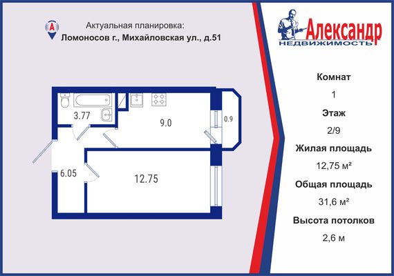 Продам однокомнатную (1-комн.) квартиру, Ломоносова ул, 51, Тарасовка с