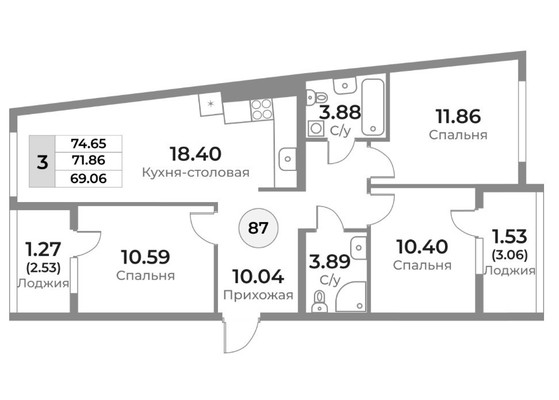 Продам трехкомнатную (3-комн.) квартиру (долевое), Пригородная ул, Калининград г