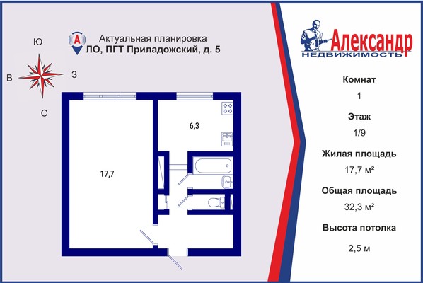 Продам однокомнатную (1-комн.) квартиру, 5, Приладожский гп
