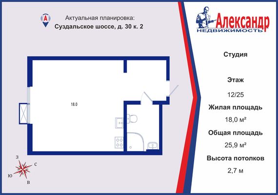 Продам однокомнатную (1-комн.) квартиру, Суздальское ш, 30к2, Санкт-Петербург г