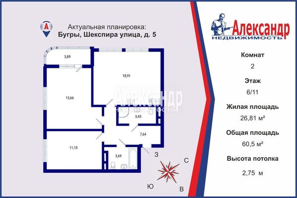 Продам двухкомнатную (2-комн.) квартиру, Шекспира ул, 5, Бугры п