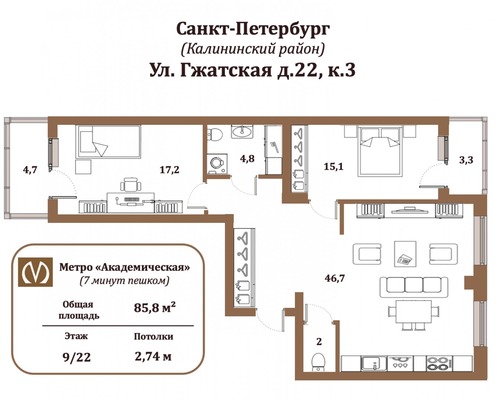 Продам трехкомнатную (3-комн.) квартиру, Гжатская ул, 22Ак3, Санкт-Петербург г