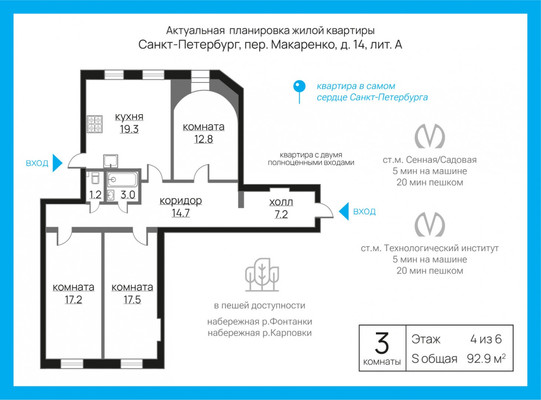 Продам трехкомнатную (3-комн.) квартиру, Макаренко пер, 14, Санкт-Петербург г