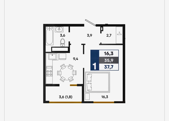 Продам однокомнатную (1-комн.) квартиру, Пригородная ул, 422, Мирное с