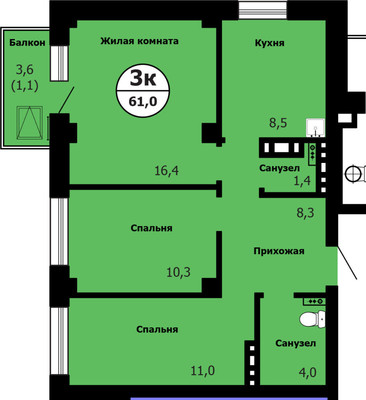 Продам трехкомнатную (3-комн.) квартиру, Лесопарковая ул, 43, Красноярск г