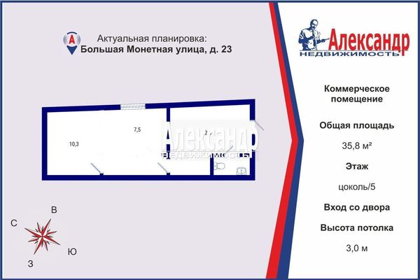 Сдам коммерческое помещение 35,8 м2, Большая Монетная ул, 23, Санкт-Петербург г