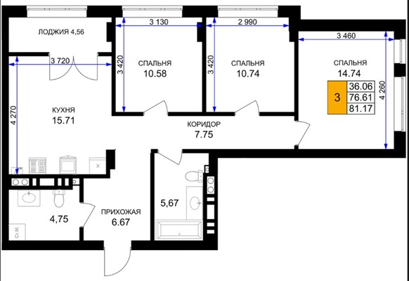 Продам трехкомнатную (3-комн.) , Героя России Катериничева ул, з/у21, Гурьевск г