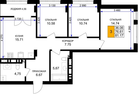 Продам трехкомнатную (3-комн.) , Героя России Катериничева ул, з/у21, Гурьевск г