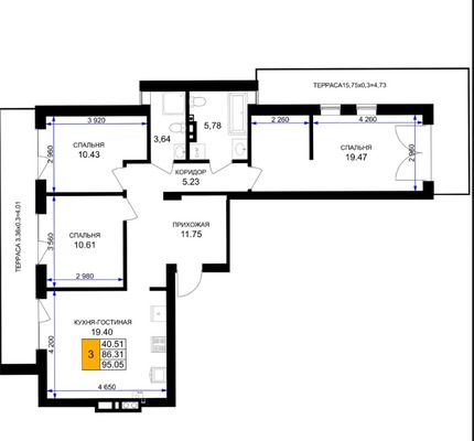 Продам трехкомнатную (3-комн.) , Героя России Катериничева ул, з/у21, Гурьевск г