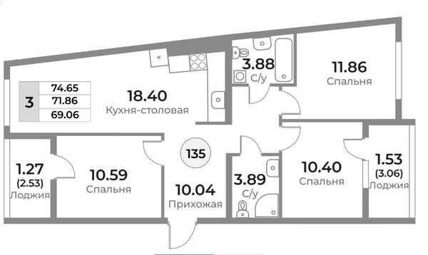 Продам трехкомнатную (3-комн.) квартиру (долевое), Пригородная ул, 18, Калининград г