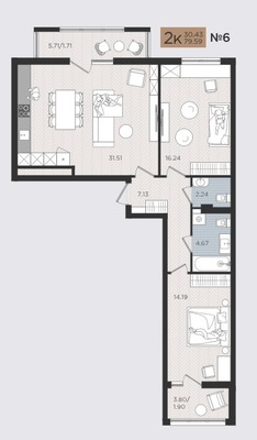 Продам двухкомнатную (2-комн.) квартиру (долевое), Советский пр-кт, 50к3, Калининград г