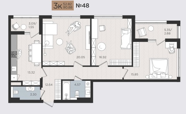 Продам трехкомнатную (3-комн.) квартиру (долевое), Советский пр-кт, 50к3, Калининград г