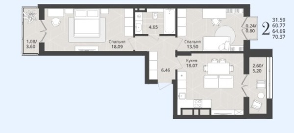 Продам двухкомнатную (2-комн.) квартиру (долевое), Осенняя ул, 34, Калининград г