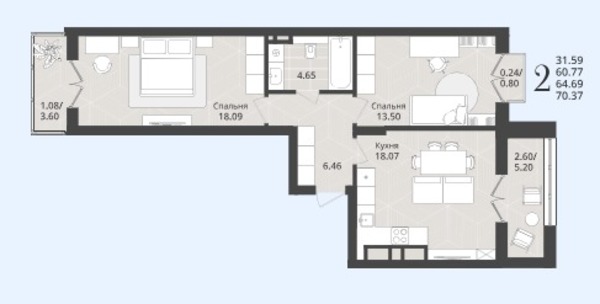 Продам двухкомнатную (2-комн.) квартиру (долевое), Осенняя ул, 34, Калининград г