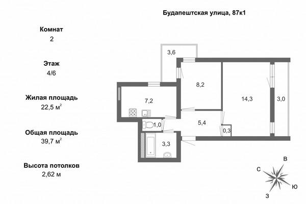 Продам двухкомнатную (2-комн.) квартиру, Будапештская ул, 87к1, Санкт-Петербург г
