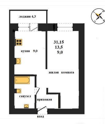 Продам однокомнатную (1-комн.) квартиру, Соборная ул, 2, Засечное с