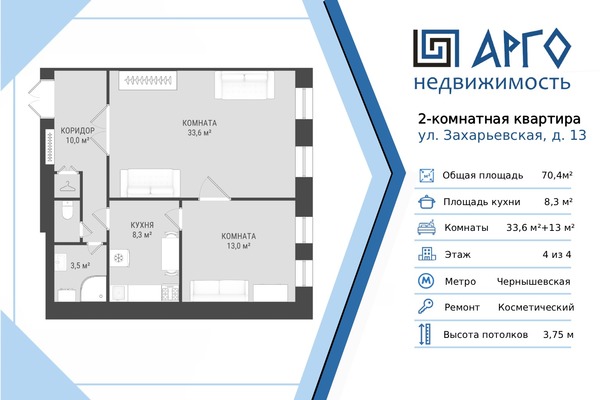 Продам двухкомнатную (2-комн.) квартиру, Захарьевская ул, 13, Санкт-Петербург г