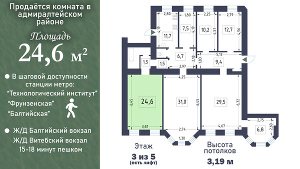 Продам комнату в 5-комн. квартире, 6-я Красноармейская ул, 14, Санкт-Петербург г