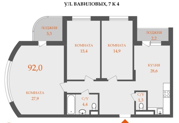 Продам трехкомнатную (3-комн.) квартиру, Вавиловых ул, 7к4, Санкт-Петербург г