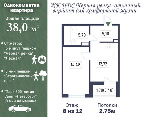 Продам однокомнатную (1-комн.) квартиру, Белоостровская ул, 10к1, Санкт-Петербург г