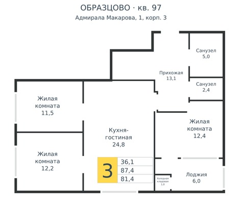 Продам трехкомнатную (3-комн.) квартиру, им. Адмирала Макарова ул, 1к3, Краснодар г